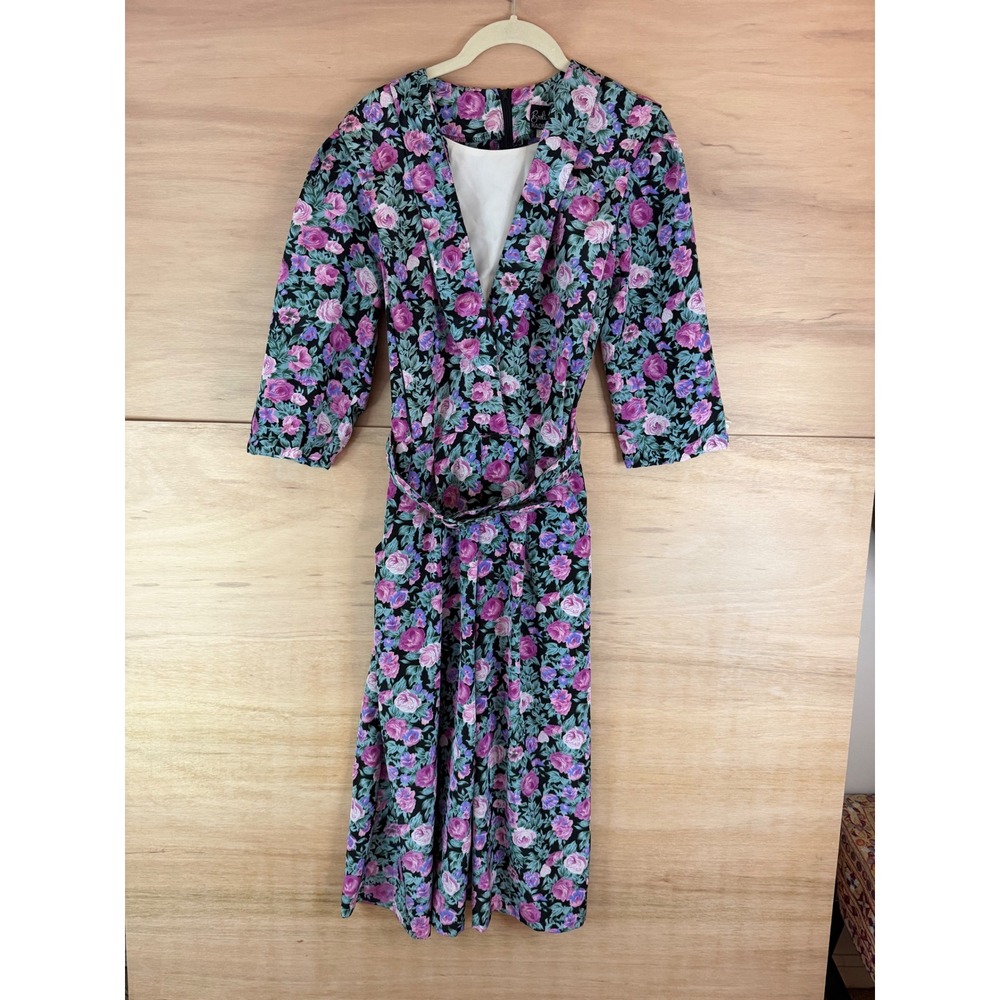 Vintage Breli Originals Floral Midi Dress 80s ILGWU Union Made Pink Purple Belt